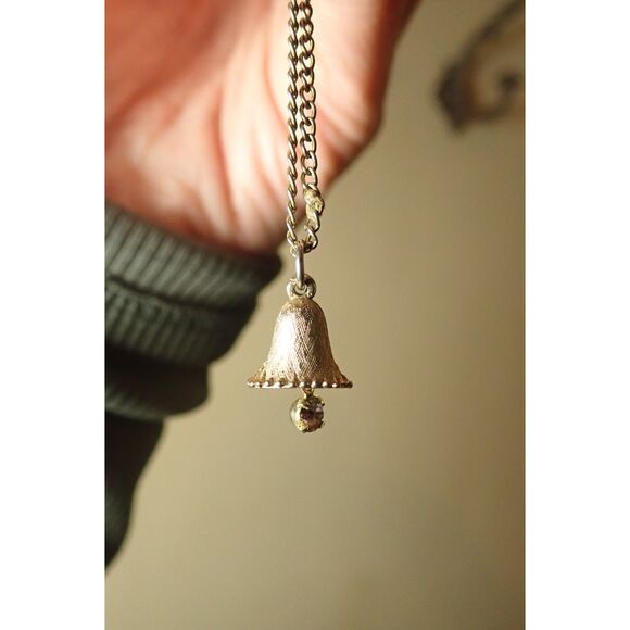 Vintage Jewelry - Vintage Gold Engraved Bell Charm Pendant Gemstone Moving Ball With Chain